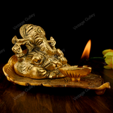 White Metal Golden Oxidized Peepal Patta Ganesha with Diya