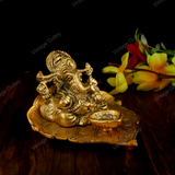 White Metal Golden Oxidized Peepal Patta Ganesha with Diya