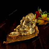 White Metal Golden Oxidized Peepal Patta Ganesha with Diya