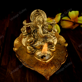 White Metal Golden Oxidized Peepal Patta Ganesha with Diya
