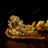 White Metal Golden Oxidized Peepal Patta Ganesha with Diya