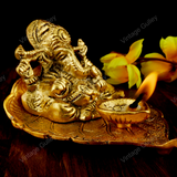 White Metal Golden Oxidized Peepal Patta Ganesha with Diya