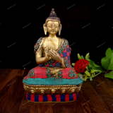 BRASS LORD BUDDHA - DHARAMACHAKRA MUDRA STONEWORK