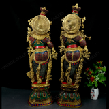 Brass Radha Krishna Idol with Stonework - 30 Inches