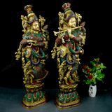 Brass Radha Krishna Idol with Stonework - 30 Inches