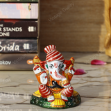 Enameled Metal Pagdi Ganesha Idol - 3 Inches - Orange-Red