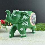 Wooden Hand-Painted Elephant with Warli Art Tribal Motif - Green - 6 Inches - Vintage Gulley