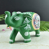 Wooden Hand-Painted Elephant with Warli Art Tribal Motif - Green - 5 Inches - Vintage Gulley