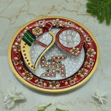 Marble Pooja Thali with Diya and Chopra for Tilak - Vintage Gulley