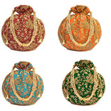 Women's Ethnic Rajasthani Potli Bag - Set of 4 - Maroon, Orange, Green and Light Blue - Vintage Gulley