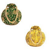 Women's Ethnic Rajasthani Potli Bag - Set of 2 - Yellow and Green - Vintage Gulley