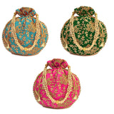 Women's Ethnic Rajasthani Potli Bag - Set of 3 - Pink, Green and Light Blue - Vintage Gulley