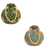 Women's Ethnic Rajasthani Potli Bag - Set of 2 - Light Blue and Green - Vintage Gulley