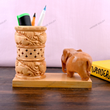 Wooden Carved Elephant Pencil & Pen Holder