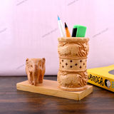 Wooden Carved Elephant Pencil & Pen Holder