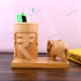 Wooden Carved Elephant Pencil & Pen Holder