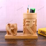 Wooden Carved Elephant Pencil & Pen Holder