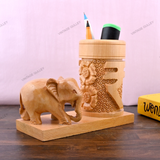 Wooden Carved Elephant Pencil & Pen Holder