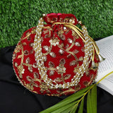 Women's Velvet Ethnic Rajasthani Potli Bag - Red - Vintage Gulley