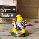Enameled Metal Pagdi Ganesha Idol - 3 Inches - Yellow-Blue