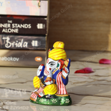 Enameled Metal Pagdi Ganesha Idol - 3 Inches - Yellow-Blue