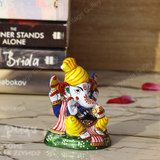 Enameled Metal Pagdi Ganesha Idol - 3 Inches - Yellow-Blue