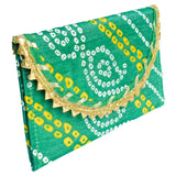 Traditional Rajasthani Gota Fabric Envelope Purse For Women - Green Yellow White - Vintage Gulley