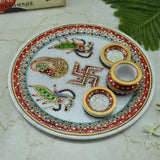 Marble Pooja Thali with Diya and Chopra for Tilak - 9 Inches - Vintage Gulley