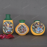 Yellow Warli Hand Painted Terracotta Pot - Set of 3