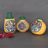 Yellow Warli Hand Painted Terracotta Pot - Set of 3