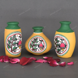 Yellow Warli Hand Painted Terracotta Pot - Set of 3