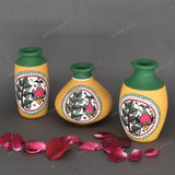 Yellow Warli Hand Painted Terracotta Pot - Set of 3