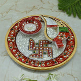 Marble Pooja Thali with Diya and Chopra for Tilak - Vintage Gulley