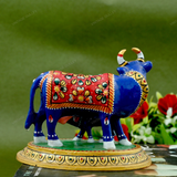 Enameled Meenakari Cow & Calf Royal Blue-Red