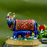 Enameled Meenakari Cow & Calf Royal Blue-Red