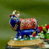 Enameled Meenakari Cow & Calf Royal Blue-Red