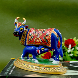 Enameled Meenakari Cow & Calf Royal Blue-Red