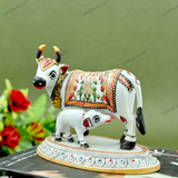 Enameled Meenakari Cow & Calf Royal White