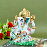 Metal Charbhuja Ganesha Idol Painted - Green
