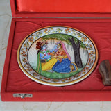 Marble 22 Carat Gold Foil Work Round Shape Radha Krishan - 6 Inches - Vintage Gulley