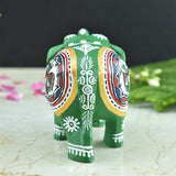 Wooden Hand-Painted Elephant with Warli Art Tribal Motif - Green - 3 Inches - Vintage Gulley