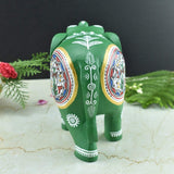Wooden Hand-Painted Elephant with Warli Art Tribal Motif - Green - 6 Inches - Vintage Gulley