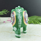 Wooden Hand-Painted Elephant with Warli Art Tribal Motif - Green - 5 Inches - Vintage Gulley