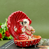 Enamelled Metal Ganesha Idol Seated in A Sea Shell - Red