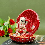 Enamelled Metal Ganesha Idol Seated in A Sea Shell - Red
