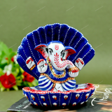 Enamelled Metal Ganesha Idol Seated in A Sea Shell - Blue