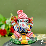 Enameled Metal Pagdi Ganesha Idol - 3 Inches - Pink-Blue