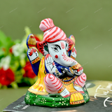 Enameled Metal Pagdi Ganesha Idol - 3 Inches - Pink-Blue
