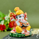 Enameled Metal Pagdi Ganesha Idol - 3 Inches - Yellow-Orange