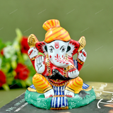 Enameled Metal Pagdi Ganesha Idol - 3 Inches - Yellow-Red